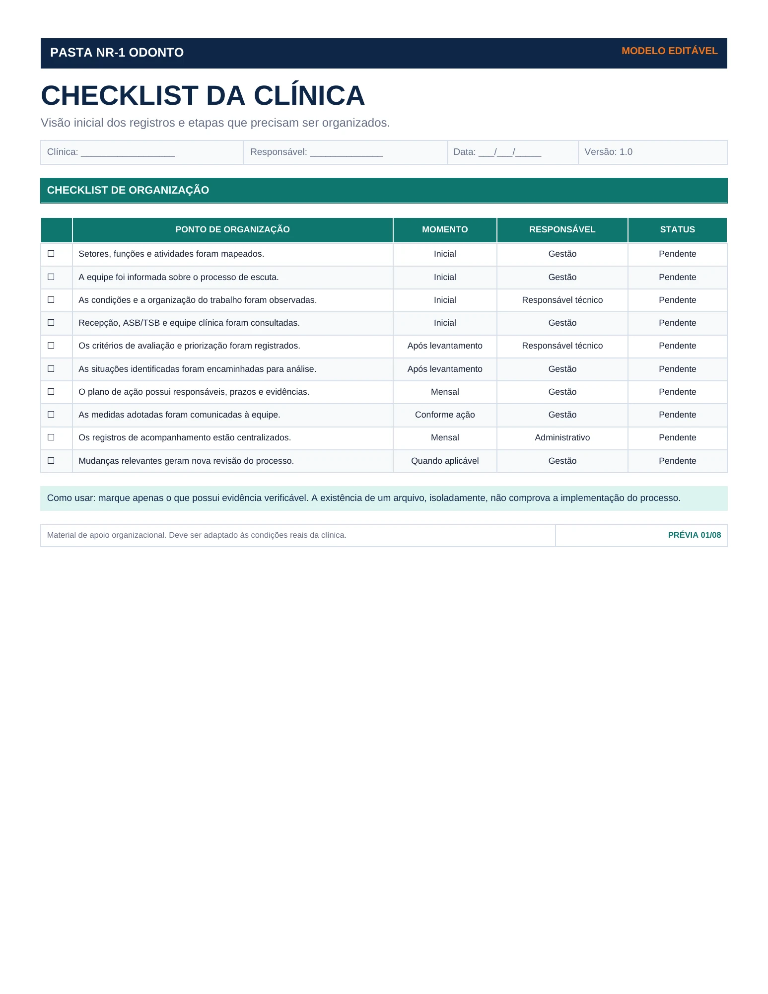 Prévia do arquivo Checklist da Clínica da Pasta NR-1 Odonto